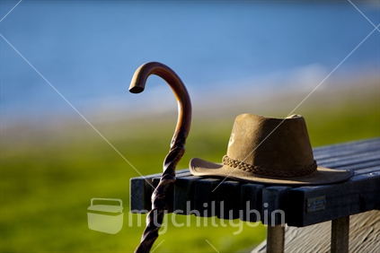 Old man's hat and walking stick