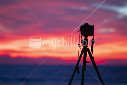 Camera and tripod set up for sunrise