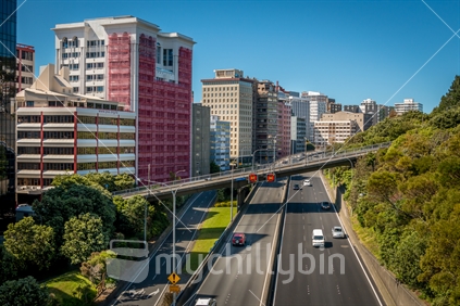 Apartments and buildings along motorway in Wellington City