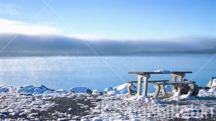 Picnic?  First brush snow off the table.  Lake Pukaki, New Zealand.