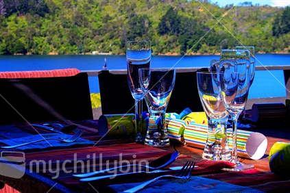 Table setting at the Bach on christmas Day in the Marlborough Sounds