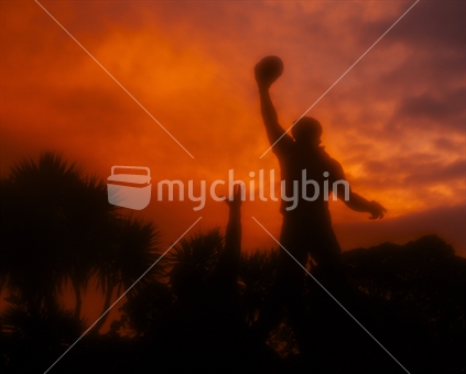 Person in mid-air: rugby at sunset with focus on cabbage trees (raised ISO)