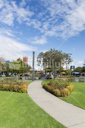 Palmerston North Square, looking towards Butterfly Lake, and bridge