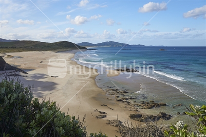Ocean Beach on the Te Araroa Trail, view of the second bay from sandbank, Whangarei Heads, Northland 