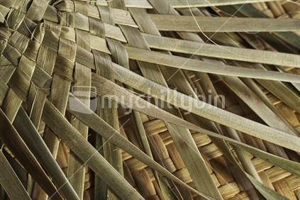 Maori flax weaving in progress - loose strands (whenu) of a hat (potae) being made