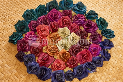 Putiputi flowers arranged in a circle - flax weaving is a Maori tradition in New Zealand