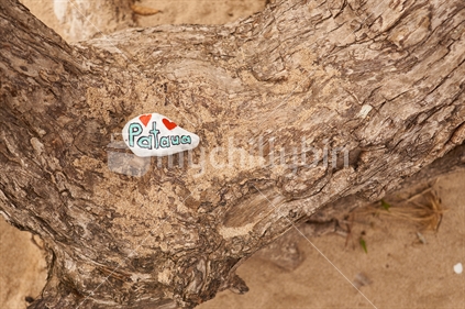 'I love Pataua' rock on a tree, one of many fun hand-painted stones hidden by kids to be found by others as part of the 'Whangarei Rocks' movement