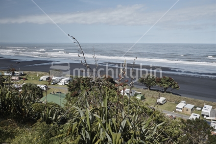 Typical beach campground with campervans and caravans parked on the waterfront, flax bush and sea views - west coast at black sand Mokau beach