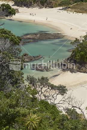 People enjoying summer on beautiful and exotic Matapouri beach - view to the bay from above