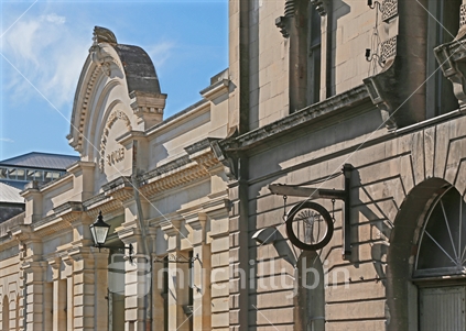 A detail view of some of the ornate Oamaru Stone  (Whitestone) facades in Oamaru's Historic Precinct