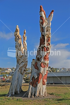 These old tree trunks have been transformed with carvings at Oamaru's seafront  Steam Punk themed playground.