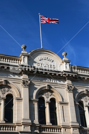 The Union Jack flies above the old Union Stores Building in the heart of Oamaru's historic precinct, harking back to trade and commerce in earlier times.