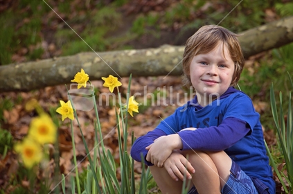 Boy sitting amongst daffodils