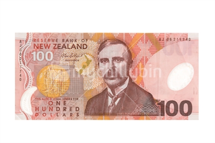 New Zealand one hundred dollar note isolated. Note: Approved educational and commercial screen and print uses of NZ banknote full images are detailed at: http://www.rbnz.govt.nz/notes_and_coins/issuing_or_reproducing/ 