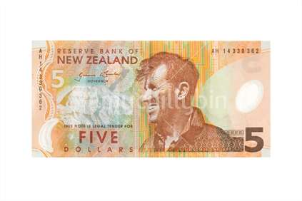 New Zealand five dollar note isolated. Note: Approved educational and commercial screen and print uses of NZ banknote full images are detailed at: http://www.rbnz.govt.nz/notes_and_coins/issuing_or_reproducing/ 