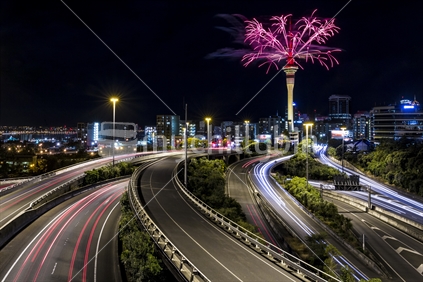 Fireworks off Auckland Sky Tower to Celebrate Chinese New Year. Taken from Hopetoun Bridge overlooking the Spaghetti Junction.