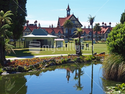 Looking at the old bath house in Rotorua with the beautiful gardens in the foreground.