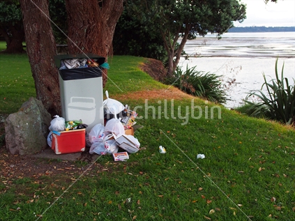 Overflowing rubbish problem at Beach Road, Katikati (High ISO)