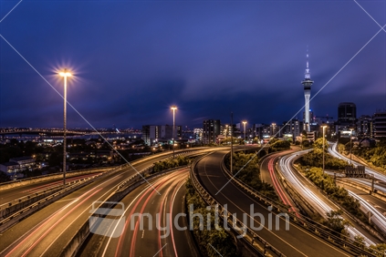 Auckland cityscape and spaghetti junction at night