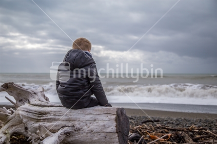 Kid Watching the Sea and Sitting on Log