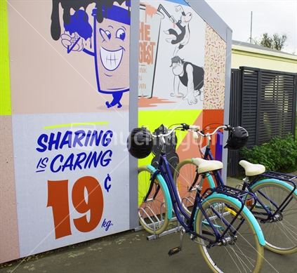 Bikes outside a Kiwiana wall mural in Martinborough