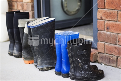Family gum boots in a line outside the back door