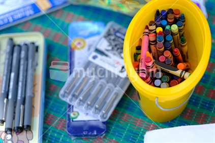 Bucket of colorful crayons , Art Supply