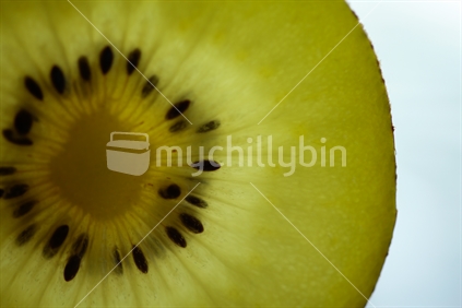 Part of a soft focus gold kiwi fruit slice with a light behind it.
