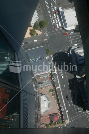 Looking down at the streets of Auckland city from the Sky tower.