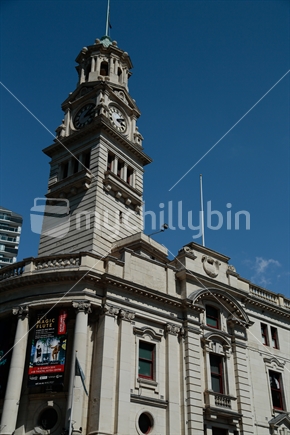 Part of the Auckland town hall with the clock tower showing.  In Auckland city