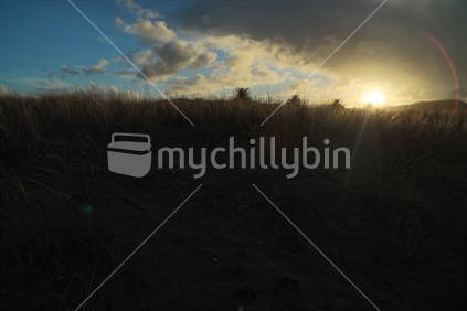 A view of the Sand, grass and sky on Buffalo beach in Whitianga as the sun is going down.