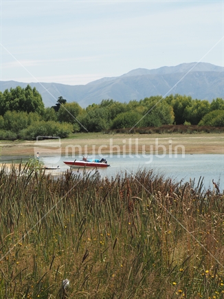 Speedboat on Lake Ophua, South Canterbury