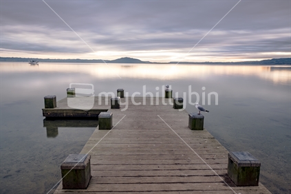 wooden jetty looking across lake